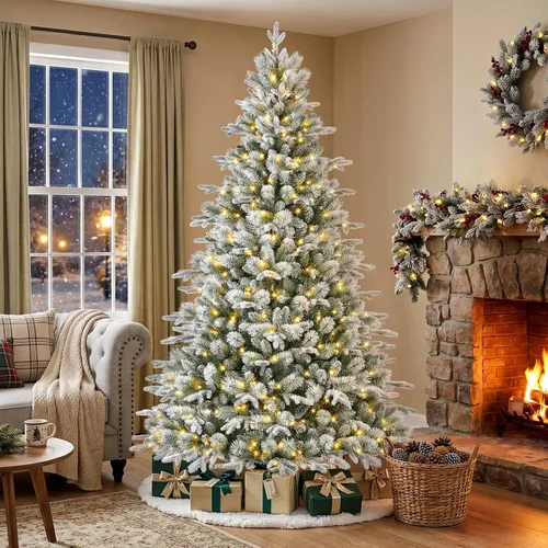 Vista 6 de SHareconn Prelit Árbol de Navidad artificial blanco flocado de 7 pies