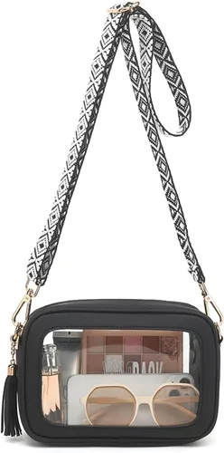 Vista 9 de FAIME Bolsa transparente para eventos de estadio, bonitos monederos transparentes para mujer, bolsa cruzada transpartente con correa para guitarra