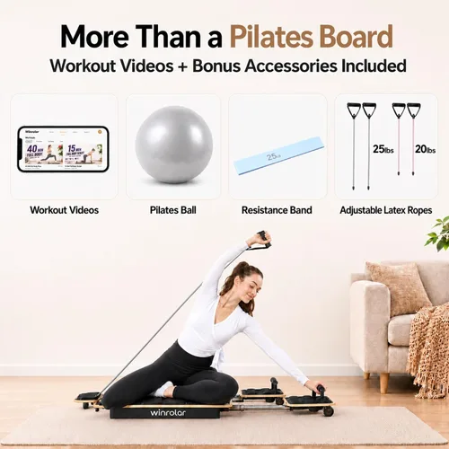 Vista 3 de Wooden Pilates Reformer Machine, Pilates Board with Ball & Bands Black