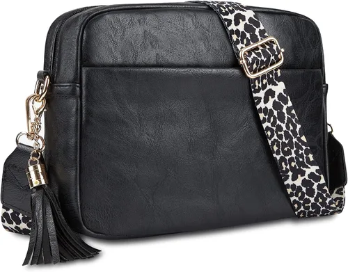 Vista 8 de Bolso cruzado de cuero para mujer con cremallera y hombro para cámara Beige