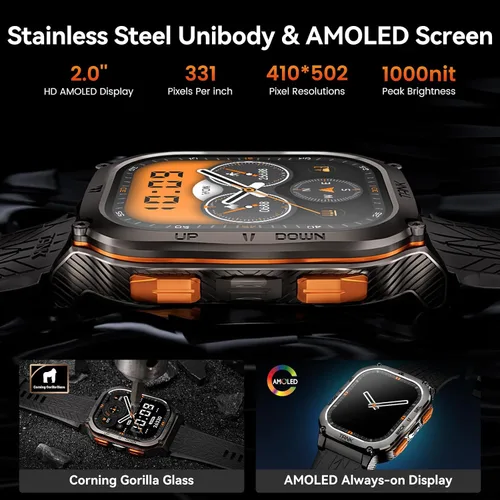Vista 2 de AMAZTIM Reloj inteligente militar con GPS, 6 posicionamiento/brújula satélite, cuerpo de acero inoxidable, impermeable, batería extragrande de 480
