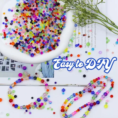 Vista 7 de 1300 PIEZAS Cuentas de Vidrio para Hacer Joyería, Cuentas de Cristal de Arcoíris Multicolor para Manualidades, Cuentas Sueltas Variadas con Caja