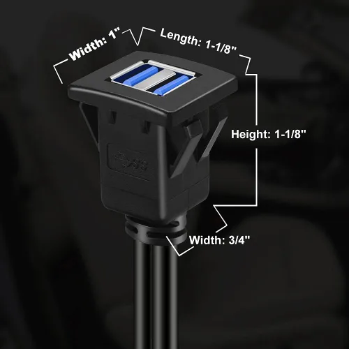 Vista 4 de Cable de extensión cuadrado USB 3.0 de doble puerto con hebilla para coche, camión, barco, motocicleta, salpicadero, 1 pie