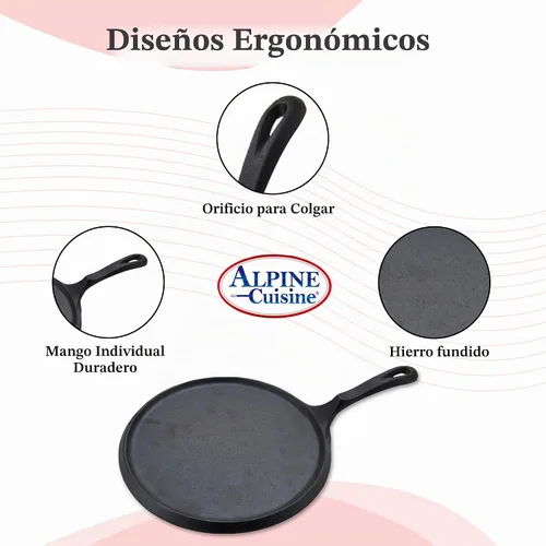 Vista 3 de Alpine Cuisine Plancha plana y comal de hierro fundido de 10 pulgadas Presazonada con mango duradero Utensilios de cocina de calefacción