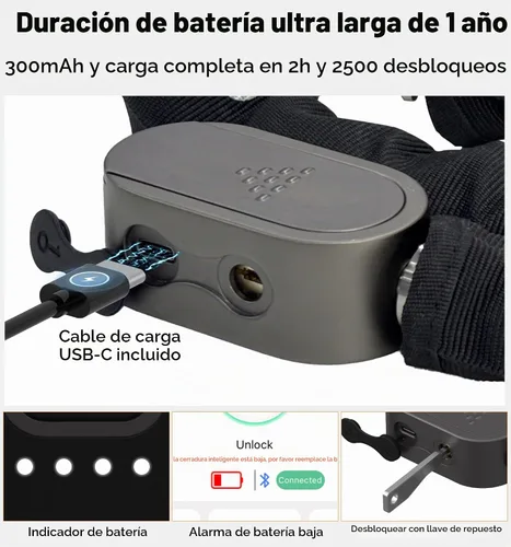 Vista 6 de Anweller Cerradura de cadena para bicicleta de huellas dactilares, resistente al robo, resistente a la intemperie, aplicación Bluetooth bloqueo