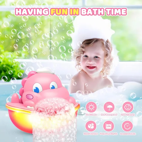 Vista 2 de Juguetes de baño, máquina de burbujas de baño con luz fabricante automático de burbujas juguete de baño para niños de 1-3 4-8 años juguete de bañera