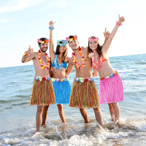 Vista 3 de Falda hawaiana de hierba Leis para fiesta Luau, faldas hawaianas de Luau Hula para decoraciones de fiesta, suministros de recuerdos