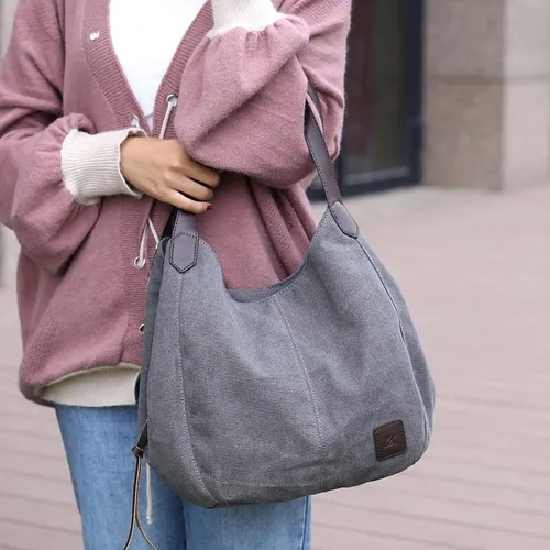 Vista 6 de Bolso Hobo de lona para mujer, bolsos de hombro con múltiples bolsillos