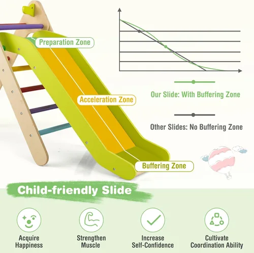 Vista 5 de HONEY JOY Escaladora triangular con rampa, escalera triangular para niños para guardería, gimnasio y parque infantil, juguetes de escalada Colorido