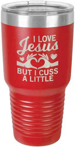 Vista 17 de Taza de viaje con texto en inglés "I Love Jessus I CUSS A LITTLE Engraved Tumbler", de acero con recubrimiento de polvo grabado con láser, sin BPA