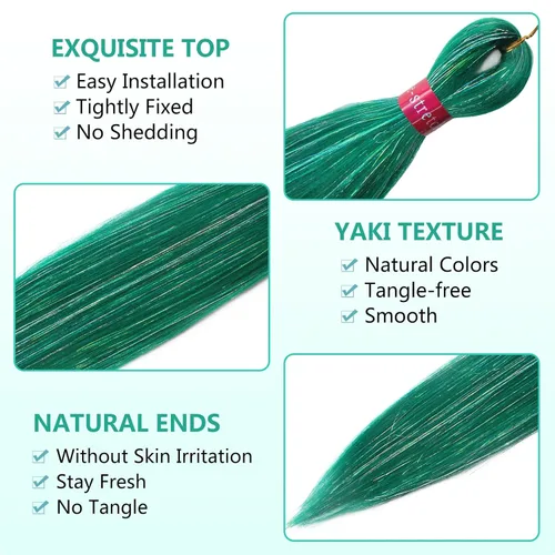 Vista 2 de Cabello trenzado verde con lentejuelas de 26 pulgadas, preestirado, trenzas de textura Yaki, extensiones de cabello pre plumadas, 3 paquetes, fácil