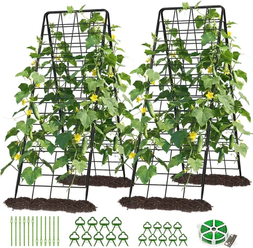 Vista 14 de DoCred Enrejado de jardín de metal con marco en A, 2 unidades, acero recubierto de PVC, perfecto para pepinos, calabaza, guisantes, enredaderas