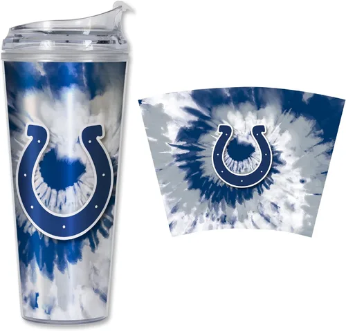 Vista 63 de Rico Industries NFL Football Glitter 24 onzas Vaso de purpurina acrílico con tapa con bisagra, Vaso de doble pared oficialmente licenciado con pajita