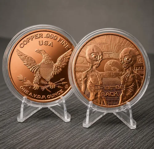 Vista 2 de We'll Be Back Aliens Moneda redonda coleccionable de cobre .999 de 1 onza en cápsula - COA by Heavenly Metals Volveremos