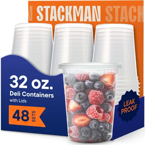Vista 6 de Stack Man Recipientes de 8 onzas con tapas (48 juegos) – Contenedores de plástico transparente para almacenamiento de alimentos, sellado hermético