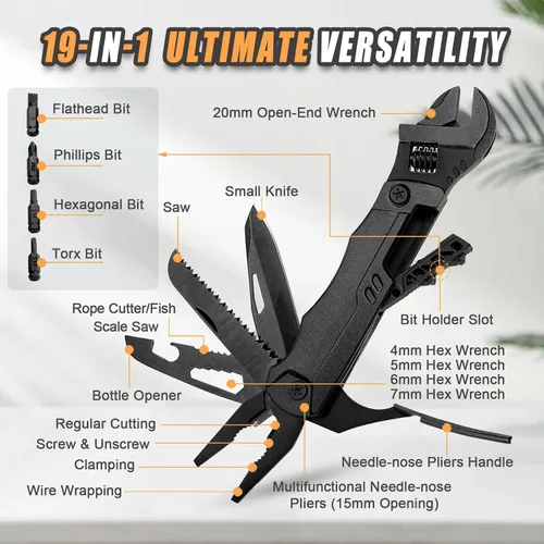 Vista 3 de Hanboost Llave multiherramienta 19 en 1 multiusos para equipo de campamento, tamaño de bolsillo, llave ajustable con alicates, cortador de alambre