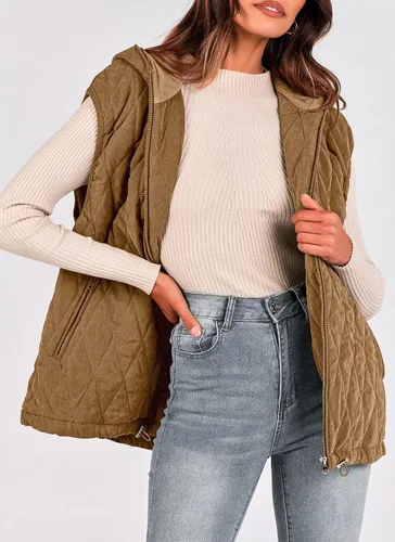 Vista 7 de PRETTYGARDEN Chaleco acolchado de otoño para mujer, casual, sin mangas, con capucha, con cremallera, abrigo de invierno
