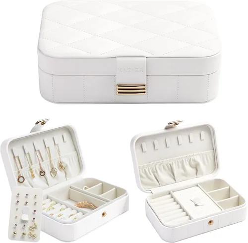 Vista 2 de KAMIER Joyero de piel sintética Joyero acolchado de diamante de viaje para anillos, aretes, collares, organizador de joyas portátil de lujo