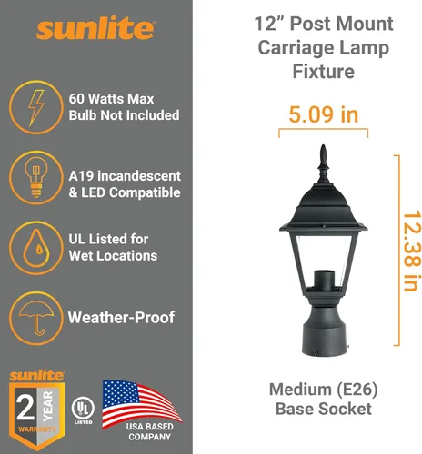 Vista 2 de Sunlite 41322 Lámpara de carro de montaje en poste, 60 vatios máximo, enchufe de base media individual (E26), 120 voltios, exterior, listado UL