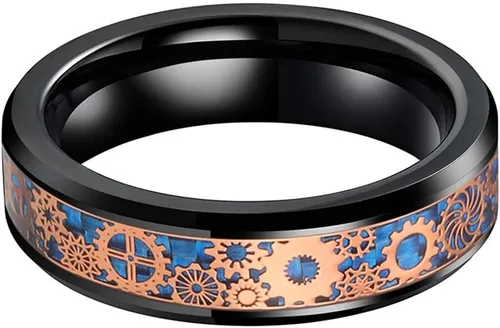 Vista 2 de Anillo de tungsteno de 6 mm y 8 mm color negro, plateado, rojo y azul para hombres y mujeres, anillos de matrimonio estilo Steampunk con engranes