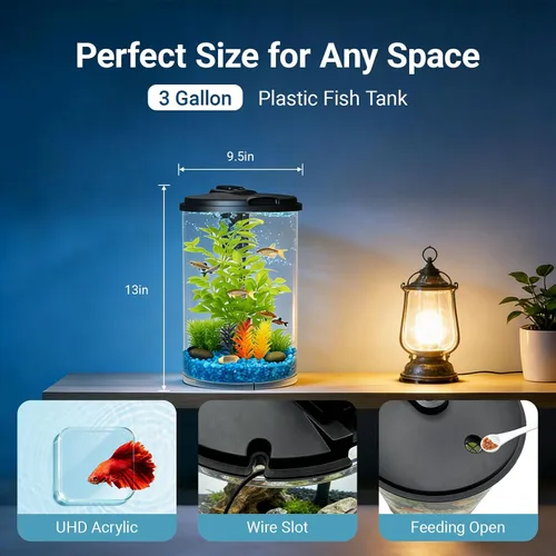 Vista 2 de Koller Products Acuario 360 de 3 galones con iluminación LED (7 opciones de color) y filtro de potencia, ideal para una variedad de peces