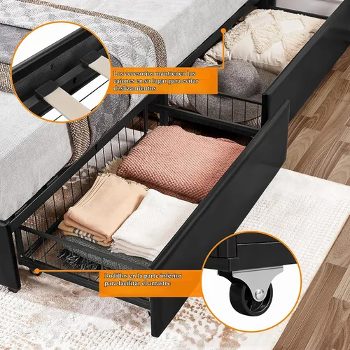 Vista 6 de Yaheetech - Marco de cama tapizado completo con cajones de almacenamiento, color negro PU leather & metal frame with wood slats give sturdy