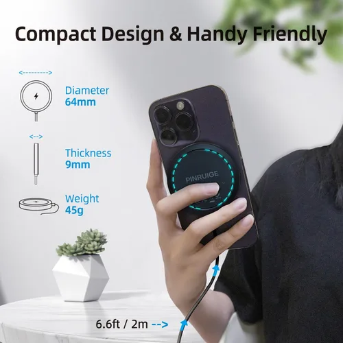 Vista 4 de Cargador inalámbrico, 6.5 pies/6.6 ft 15 W Max Fast Magnetic Wireless Charging Pad compatible con iPhone 16/15/14/13/12 con convertidor USB-A, negro