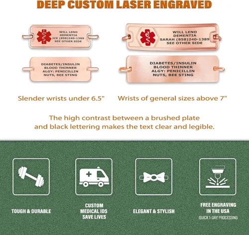 Vista 2 de Pulsera de Alerta de Identificación Médica Grabada Personalizada, Condiciones Personalizadas de 4 Líneas Cadena de Cuerda de Acero Inoxidable