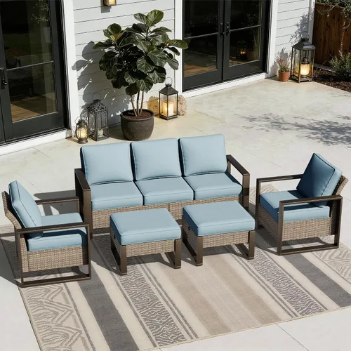 Vista 70 de Joyside - Sofá de mimbre para patio al aire libre, sofá de ratán de 3 plazas con cojines gruesos de olefina y reposabrazos rectangular con marco