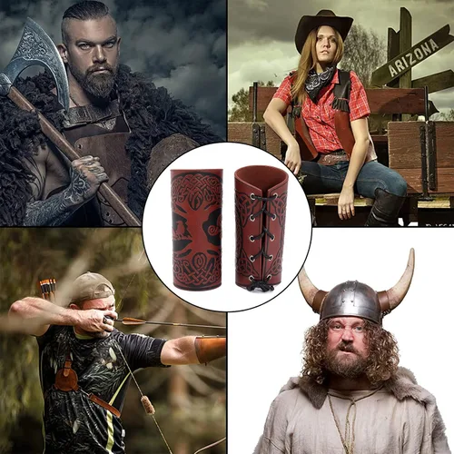 Vista 5 de GORGECRAFT 2 brazaletes vikingos para hombre, brazaletes de cuero renacentista, armadura medieval con guantelete en relieve, joyería de guantelete