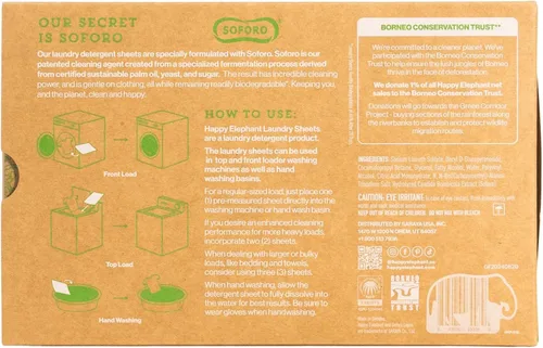 Vista 2 de Happy Elephant Hojas de detergente para ropa, sin fragancia, hojas de lavandería naturales biodegradables, a base de plantas, resistentes a