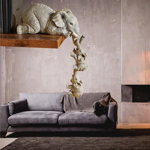 Vista 2 de Juego de 3 estatuas de elefante, resina para colgar 2 elefantes en el borde, escultura de elefantes de la suerte colgando del borde de un estante