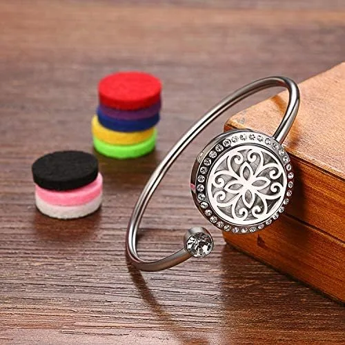 Vista 6 de Cupimatch Adjustable Tree of Life Essential Oil Diffuser Bracelet, Stainless Steel CZ Aromatherapy Locket Bangle 8 Color Pads Jewelry Set for Women