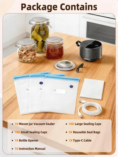 Vista 8 de Kit de sellador al vacío eléctrico de tarros Mason – Sellador al vacío de mano 2 en 1 para tarros de conservas y bolsas de Sous Vide, sellador