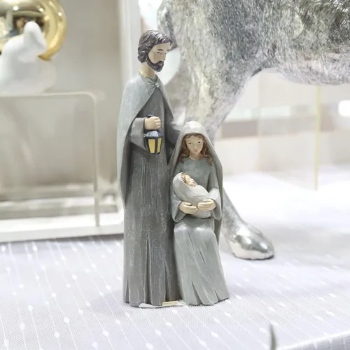 Vista 2 de Figuras de la Santa Familia para interiores, estilo grabado en madera, estatuas de resina de Jesús, decoraciones de mesa católicas para decoración