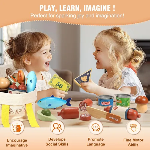 Vista 7 de Pithfor Juego de alimentos de madera para niños pequeños, tienda de comestibles, comida de simulación, compras y juegos, accesorios de cocina