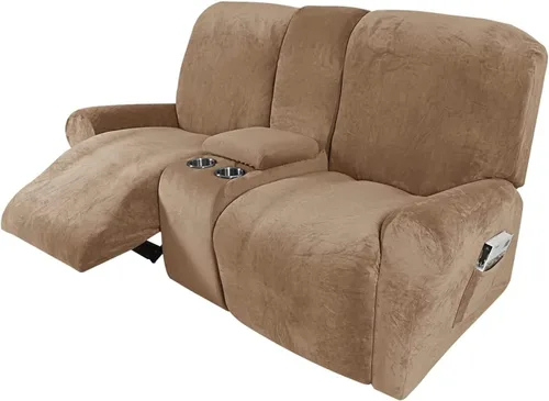 Vista 7 de Aedlcal Funda reclinable para sofá biplaza, 8 piezas de terciopelo elástico para sofá reclinable con consola central, funda de sofá reclinable de 2