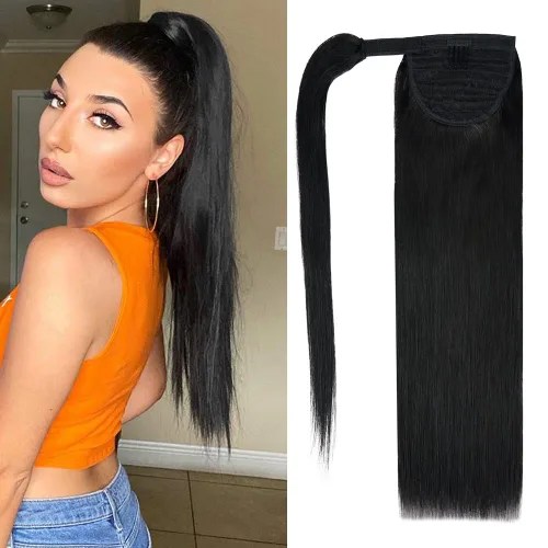 Vista 6 de Extensión de cola de caballo de cabello humano #4 marrón chocolate 100% Remy, extensión de cola de caballo recta envolvente alrededor de colas