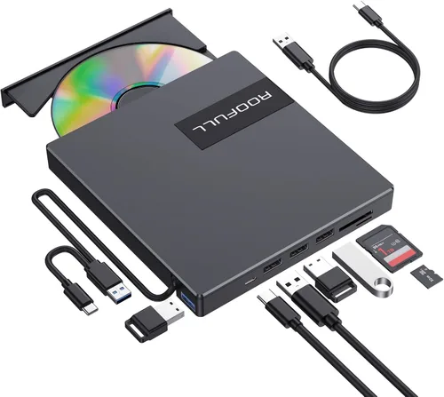 Vista 15 de ROOFULL Unidad externa de CD/DVD USB 3.0 y USB-C, ultrafina de 0.5 pulgadas, reproductor de CD y DVD de alta velocidad, grabador para computadora