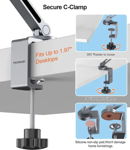 Vista 4 de YICOSUN Soporte de brazo para tableta con súper agarre, soporte plegable ajustable y abrazadera giratoria de aluminio resistente de 360° para iPad