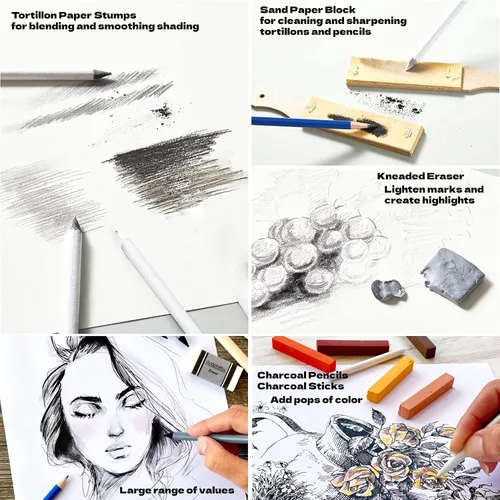 Vista 7 de ArtSkills Kit de bocetos, juegos de arte para adultos con juego de lápices y suministros de arte de carbón, lápices de sombreado para dibujar