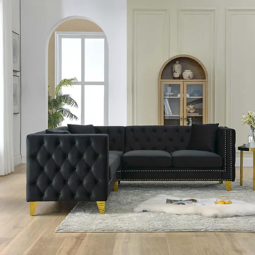 Vista 3 de Antetek Sofás en forma de L para sala de estar, moderno sofá de terciopelo con botones y reposabrazos cuadrados incrustados con cabezas de uñas Negro