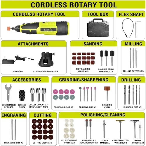 Vista 6 de SnapFresh Kit de herramientas rotativas inalámbricas de 12 V con eje