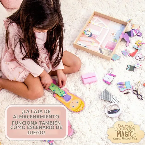 Vista 3 de Story Magic - Muñeca de madera para vestir de Horizon Group USA, muñeca de madera magnética de doble cara para vestir, más de 40 piezas de atuendo