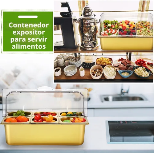 Vista 6 de Ziliny - Contenedor de 6 bandejas para servir alimentos para encimera, transparente, color dorado Stainless Steel Ice Food Serving Tray, Buffet
