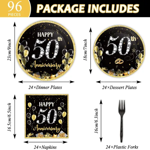 Vista 2 de 96 Piezas Platos de Papel Servilletas Tenedores para Fiesta de 50 Aniversario Empleado Carrera Boda 50 Aniversario Oro Negro Vajilla Desechable