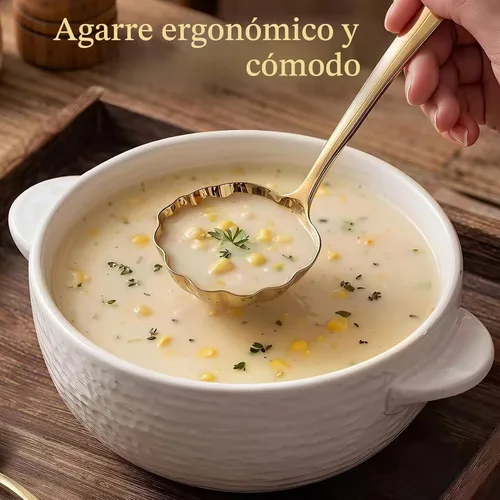 Vista 5 de Gold - Juego de 2 cucharones de sopa de acero inoxidable 18/10 de alta calidad con diseño artístico en forma de concha, cucharón pequeño de 9