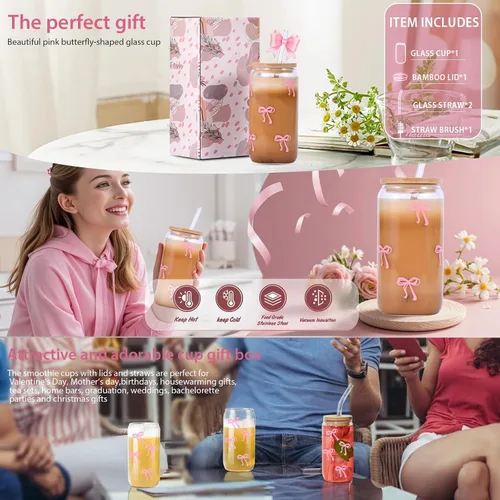 Vista 7 de Tazas de vidrio lindas con moño rosa y tapas y popotes, taza estética de café helado, taza de diseño preppy femenino, regalos de cumpleaños y San