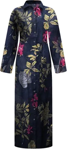 Vista 3 de Vestidos de mujer a la moda, casual, estampado a cuadros, panel de solapa, recto, manga larga, suelto, vestido largo