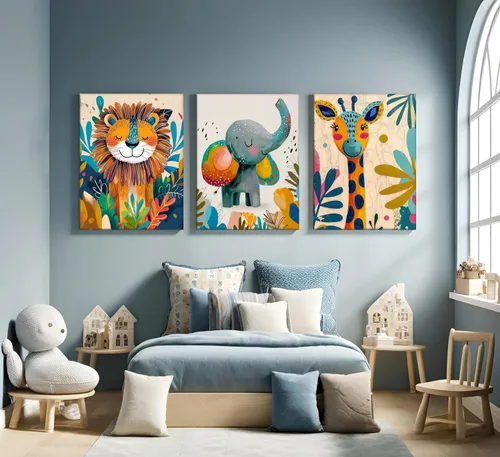 Vista 4 de 3 piezas de lienzo de animales de safari para guardería, arte de pared, lindo elefante acuarela, jirafa, león, decoración de pared, coloridos Póster